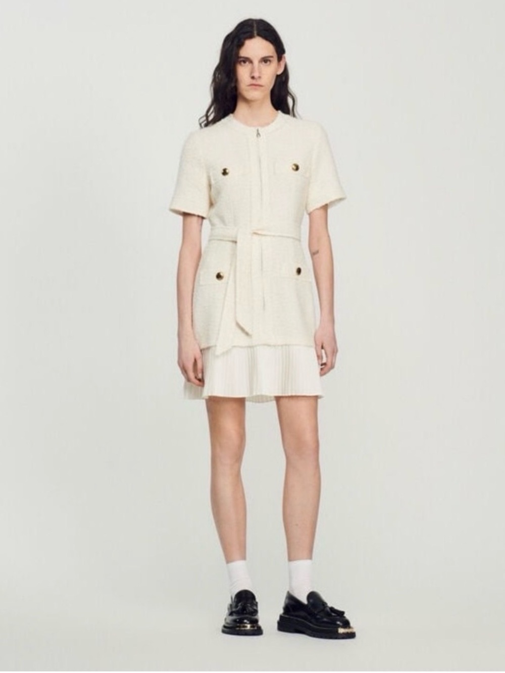 Sandro NWT size 40 Cream Belted Textured Short-Sleeve Dress- Tweed dress